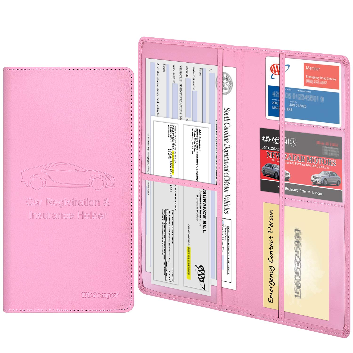 wisdompro Car Document Wallet, Premium PU Leather Car Registration and Insurance Holder - Vehicle Paperwork Wallet Case Organizer for ID Card, Driving Licence, Key Contact Information Cards - Pink