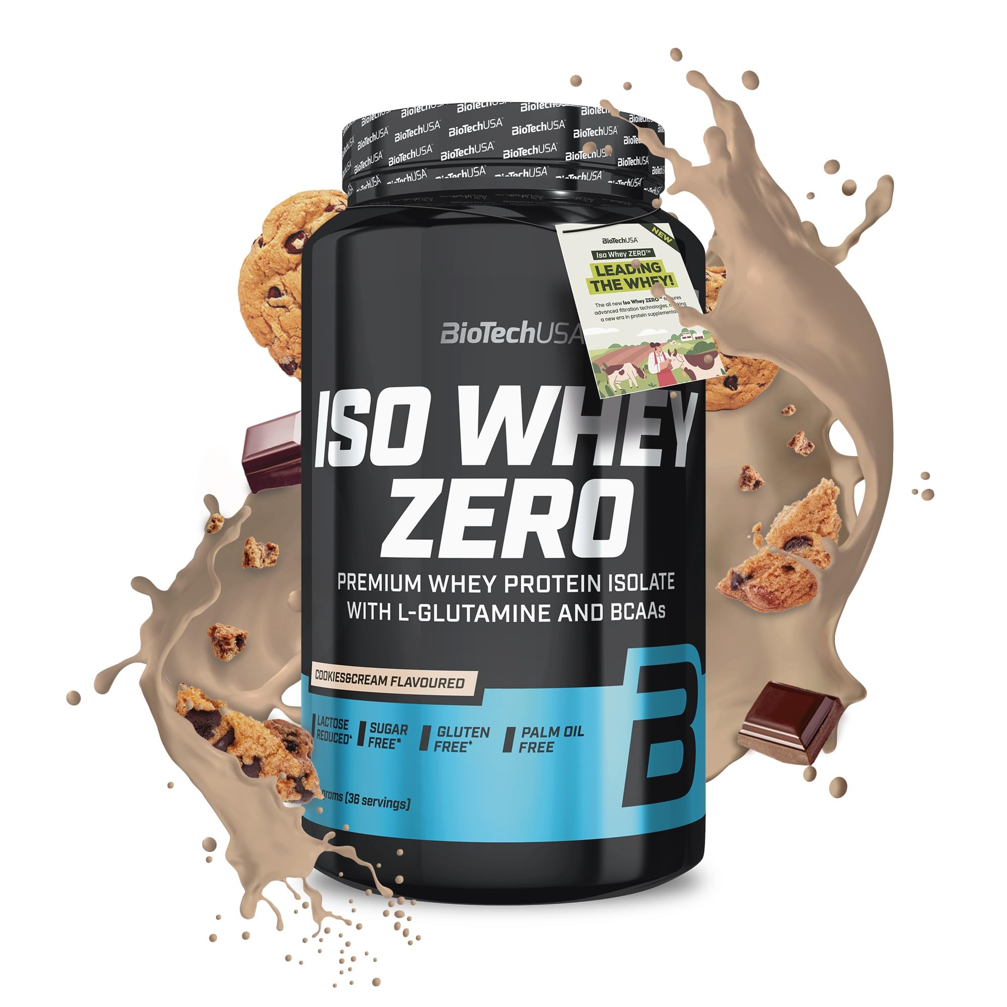 BioTechUSA Iso Whey Zero | Premium Whey Protein Isolate | Grass-Fed | Enzyme-Free | Sugar- and Gluten-Free, 908 g, Cookies & Cream