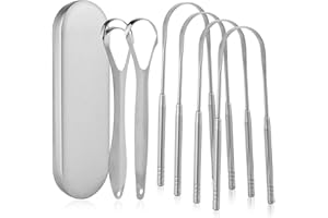 Aussumy 6 Pack Tongue Scraper - Reusable & Easy to Clean Tongue Scrubber with Travel Case for Adults & Kids - Medical-Grade 100% Stainless Steel Tongue Cleaner for Fresh Breath & Oral Care
