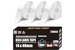 KOl.KIM D30 Labels, Waterproof Oil Proof for Phomemo D30 D35 Q30 Thermal Mini Label Maker Label Tape Refills for Vretti HP3 MARKLIFE P11 White 3 Rolls 14mm x 40mm (0.55"x1.57")