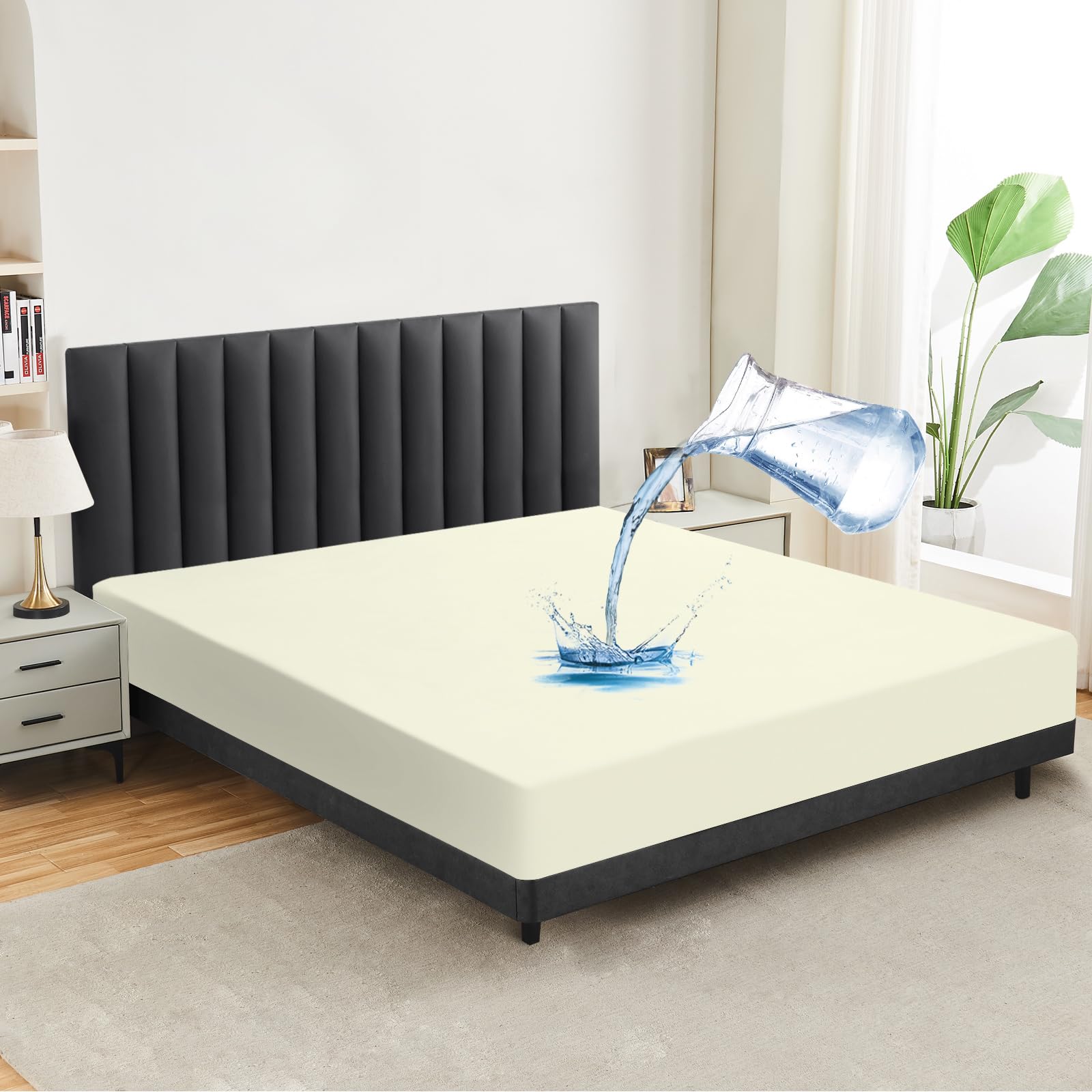 mafudoxi Waterproof Mattress Protector, Fitted Sheet, 12in/30cm Deep Pocket, Ultra Soft Smooth and Wrinkle-Resistant, Easy Care Breathable Bed Sheets (200×200, Beige)