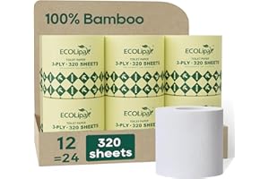 ECOLipak Bamboo Toilet Paper 3 Ply, Septic Safe Toilet Tissue, 12 Double Rolls, 320 Sheets Per Roll, Tree Free, Non Toxic, Soft and Absorbent, Eco Friendly Dye-Free Paper, White