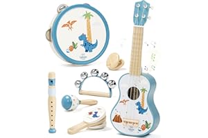 Lehoo Castle Kids Guitar Set, Dinosaur Guitar for Toddlers 1-3, Wooden Montessori Musical Instruments 7 in 1 with Ukulele/Tambourine/Maracas/Flute, Mini Band Set Birthday Gift for Boys Girls