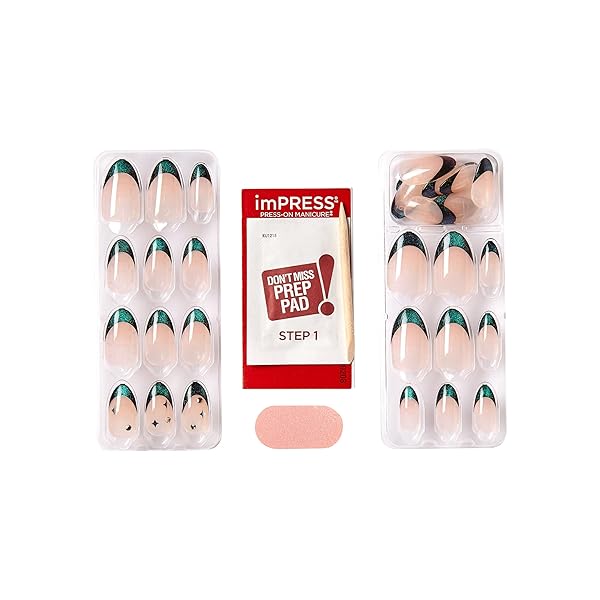 KISS IMPRESS NO GLUE MANI PRESS-ON NAILS, PREMIUM, ‘VISIONS’, GREEN, MEDIUM SIZE, ALMOND SHAPE, INCLUDES 30 NAILS, PREP PAD, INSTRUCTIONS SHEET, 1 MANICURE STICK, 1 MINI FILE