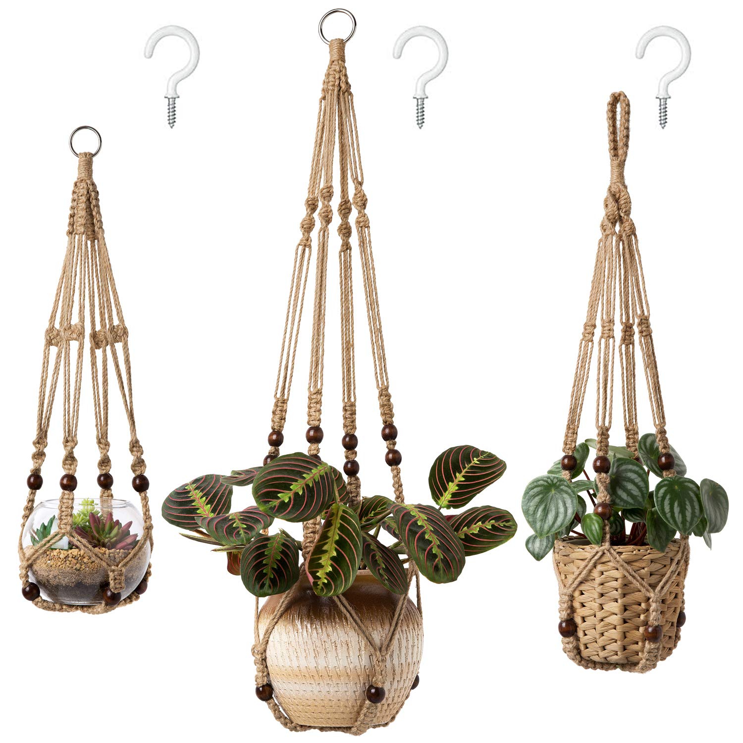 Photo 1 of Mkono 3 Pack Macrame Plant Hangers Indoor Different Size Hanging Planter Basket Flower Pot Holder with Beads No Tassels 35"/29"/23", Medium, Brown