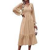 PRETTYGARDEN Women's Spring Dresses Long Sleeve V Neck Swiss Dot Empire Waist Chiffon Dress Ruffle Smocked Midi Dresses