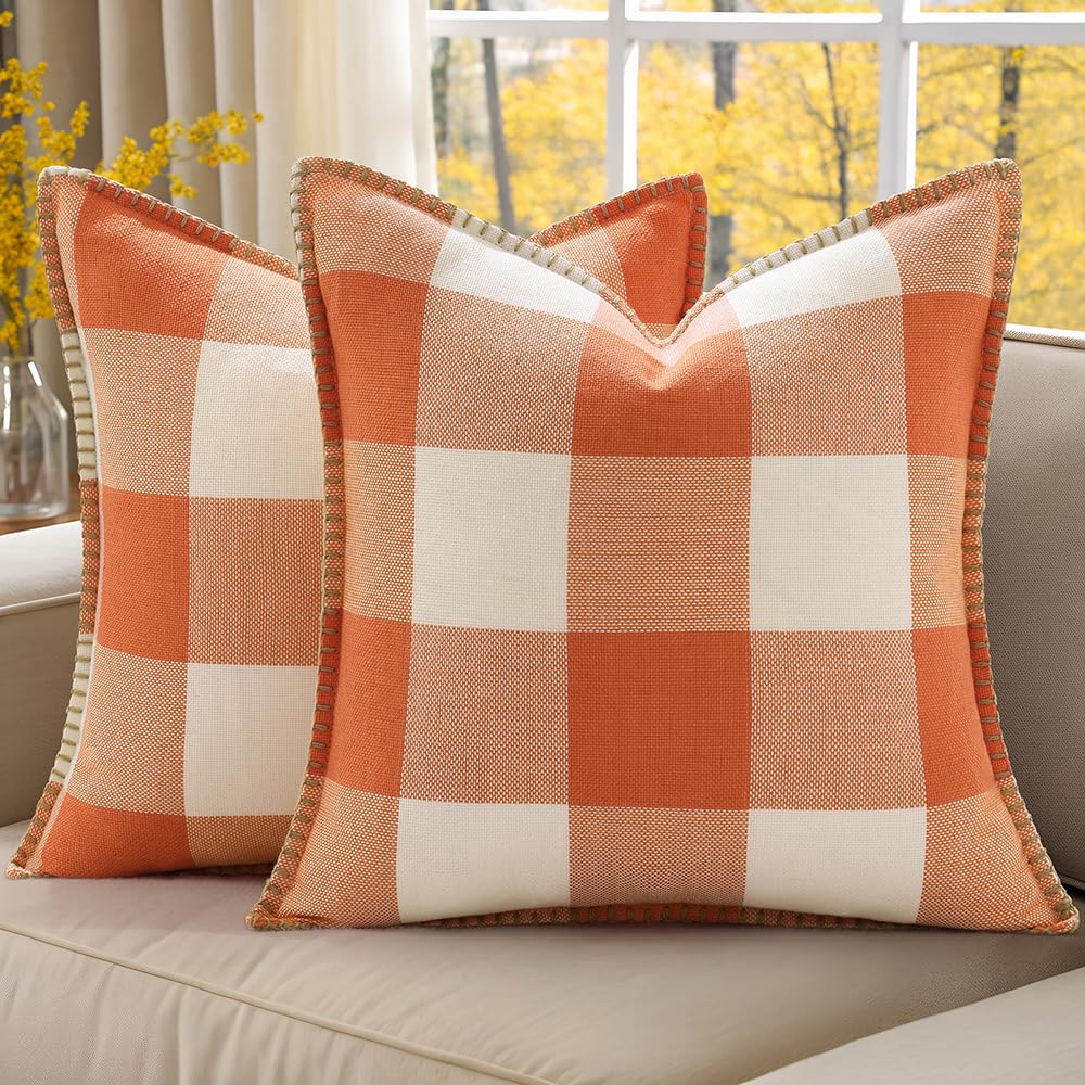 decorUhome Buffalo Check Plaid Cushion Covers Linen Farmhouse Trimmed Edge Decorative Cushion Covers for Sofa 60x60cm, Orange and White, Set of 2