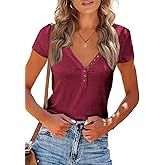PRETTYGARDEN Women's Summer Casual Henley T-Shirts Short Sleeve V Neck Button Up Ribbed Knit Slim Fit Basic Tops