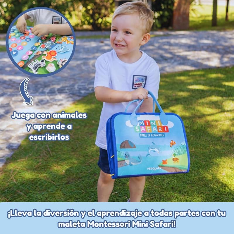 Tabuleiro Ocupado Montessori EM ESPANHOL – 3, 4 e 5 anos, Brinquedo de Viagem Portátil Educativo Sensorial Motricidade Fina e Aprendizagem, Livro de feltro Montessori, Presente para Raparigas e Rapazes