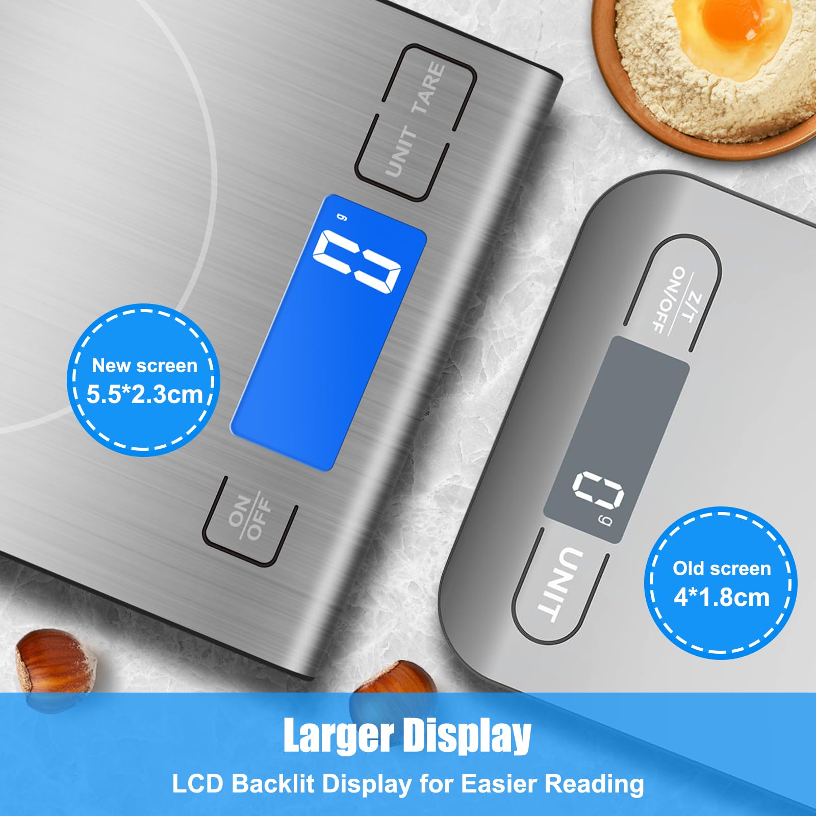33lb Rechargeable Food Scale, Diyife 304 Stainless Steel Digital Kitchen Scale with 3 Buttons, Weight Grams and Ounces for Baking, Cooking, 5 Units with Tare Function, LCD Display, 2 AAA Batteries