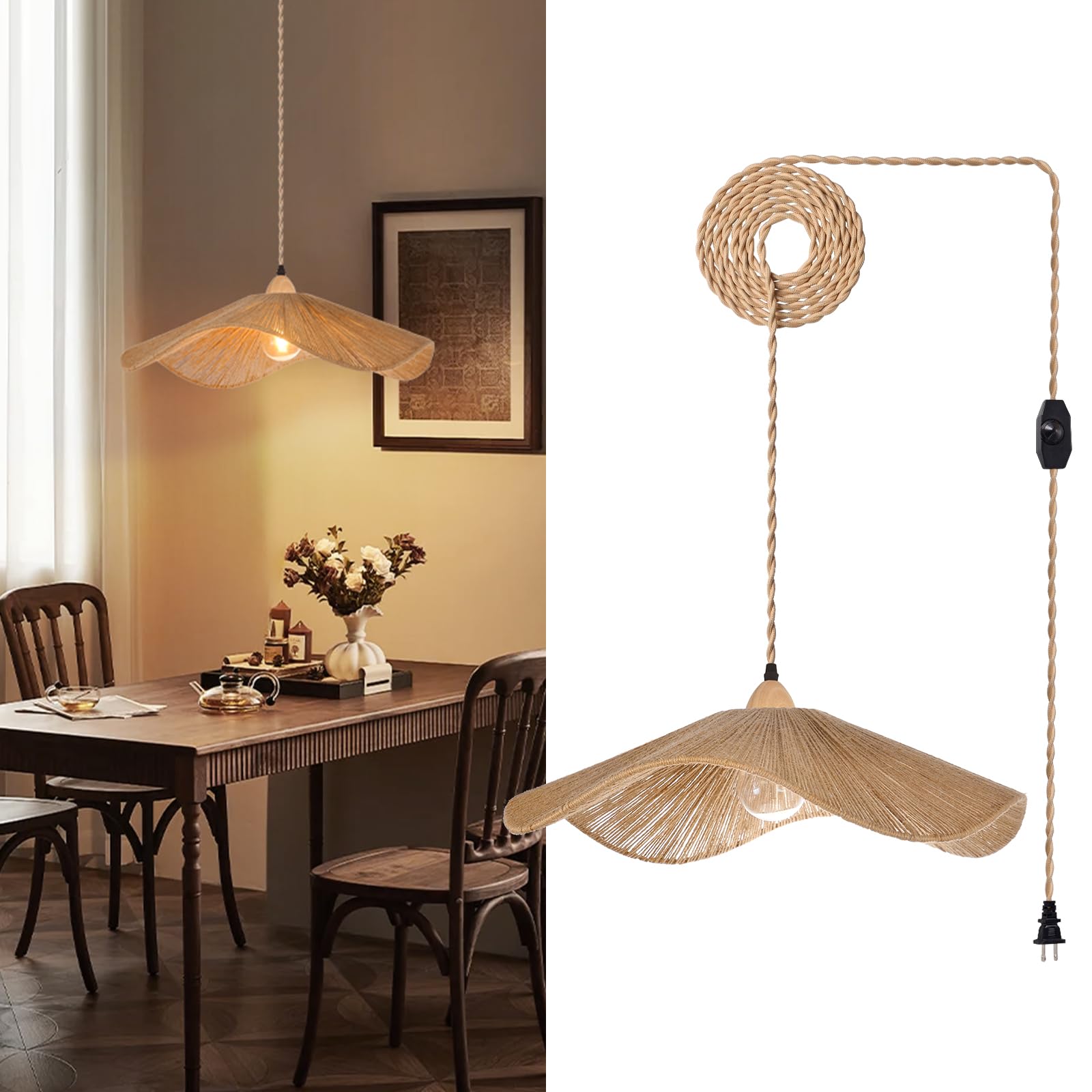 Photo 1 of Arturesthome Plug in Pendant Lighting Hanging Lights with Plug in Cord 16.4FT Dimmable Cord Hanging Lamp Boho Hemp Rope Woven lampshade for Dining Room Farmhouse (Bulb Included)