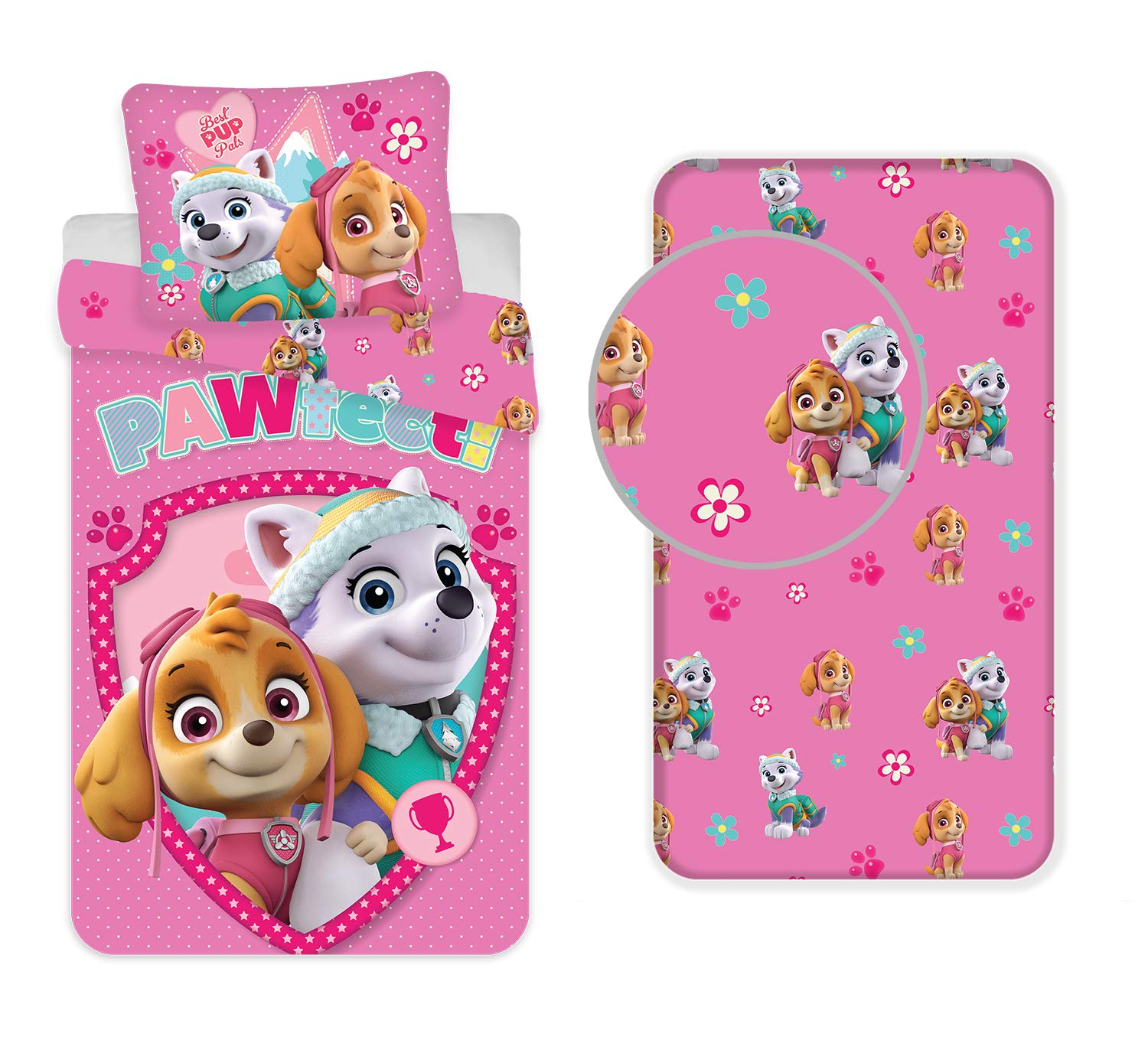 Paw Patrol Pink 3-Piece Cotton Bedding Set - Duvet Cover 140 x 200 cm + Pillowcase 65 x 65 cm + Fitted Sheet 90 x 200 cm