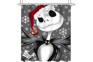 NIGHTMARE BEFORE CHRISTMAS Shower Curtain Fabric, Cool Cartoon Merry Christmas Jack Skellington and Sally Shower Curtains for Kids Christmas Bathroom Decor with 12 Hooks (Color-18)