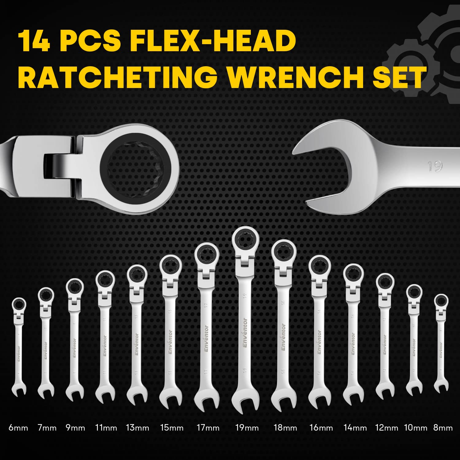 Enventor Schraubenschlüssel-Ratschenset, 14-teilig, 6-19mm, Ringmaulschlüssel, Gabelschlüssel-Ringmaul-Schlüssel-Set, 72 Zähne, 5° Schwenkbereich, Chrom-Vanadium-Stahl, Oxford-Tasche 2