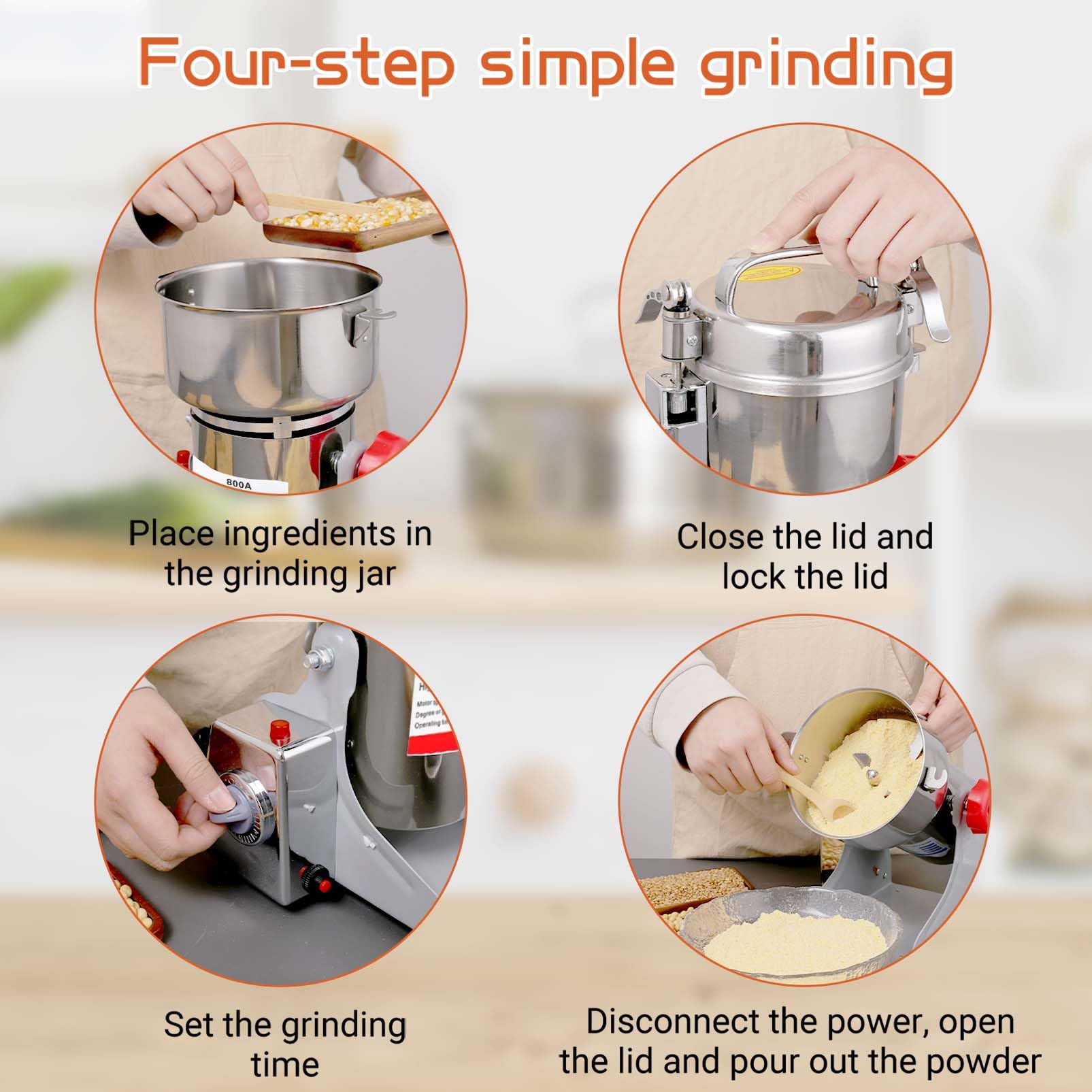 BI-DTOOL Electric Grain Mill Grinder 800g Stainless Steel Pulverizer 36000r/min High-speed Grain Mill 1800W Dry Material Grinding Machine 270° swingable Superfine powder for Home and Commercial