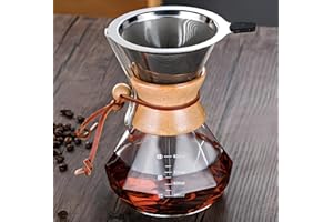 COFISUKI Pour Over Coffee Maker with Reusable Stainless Steel Drip Filter, Lead-Free Borosilicate Glass Coffee Carafe with Modern Wooden Collar for 1-4Cup, Diamond Clear (600ml/20oz)