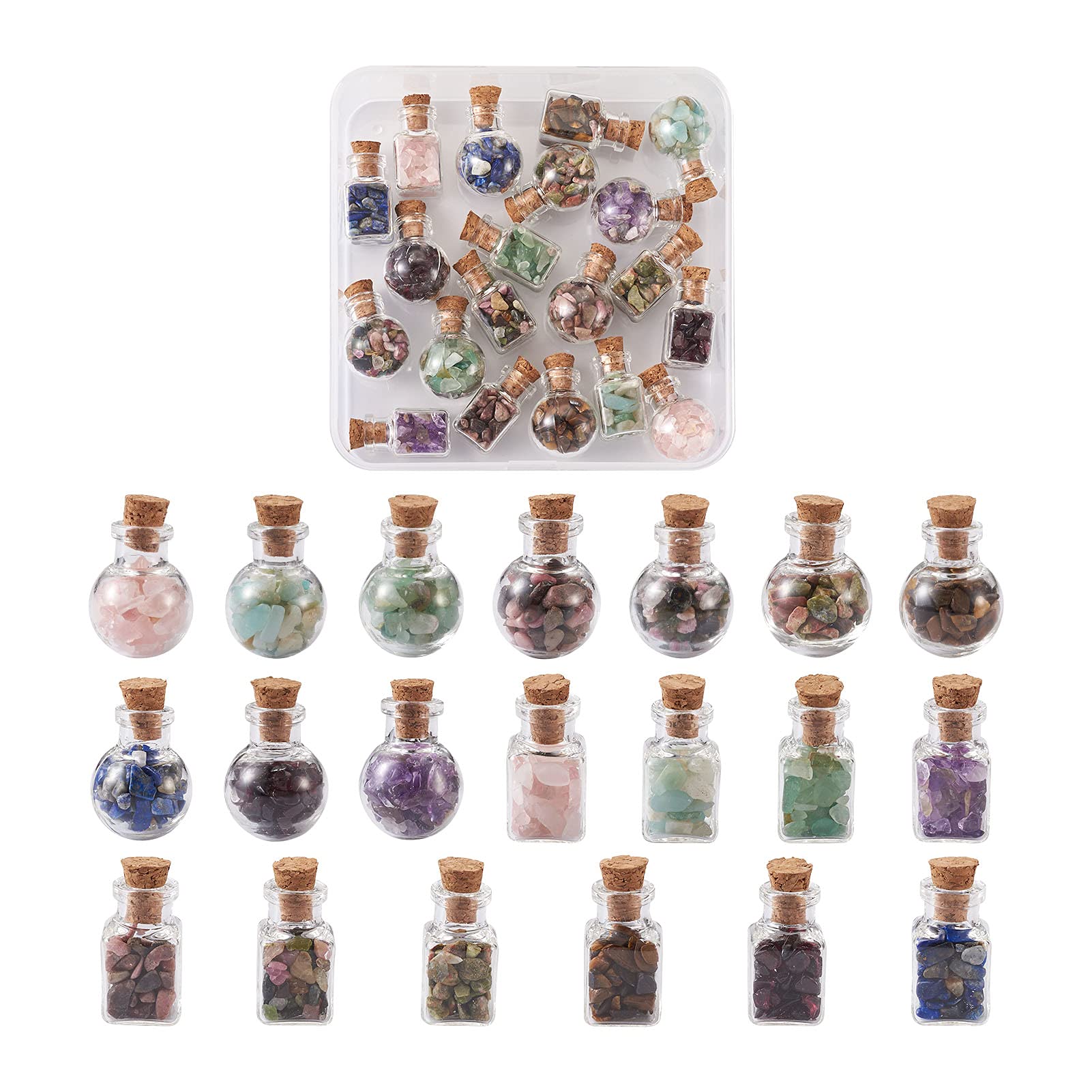 Cheriswelry 20pcs Gemstone Glass Wishing Bottles Reiki Crushed Chip Stone Set for Jewelry Making Home Decoration(2 Styles)