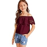 WDIRARA Girl's Off The Shoulder Ruffle Trim Lace Short Sleeve Blouse Top