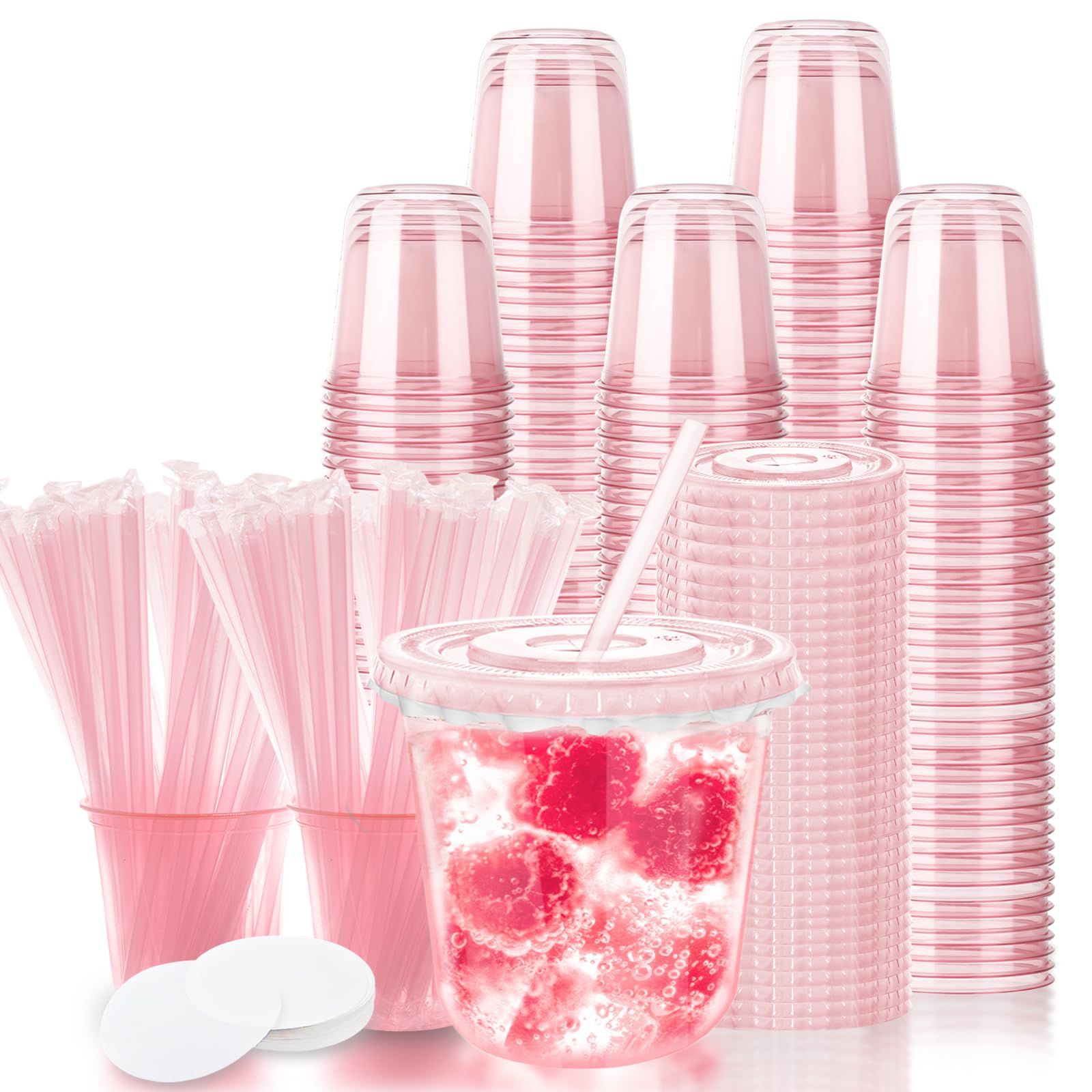 Photo 1 of 12oz Disposable Stemless Glasses with Flat Lids and Straws,PET Disposable Drinking Cups,Clear Plastic Wine Glasses for Parties Birthday,Wedding,Meeting,Christmas Party Supplies. (100, Pink)