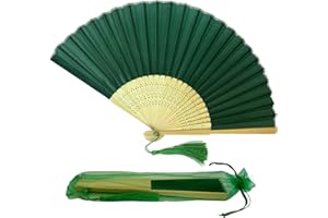 FANSOF.FANS Fabric Handheld Folding Hand Fan With a Tassel Grade A Bamboo Ribs for Women Girls Summer Party Event Favor Birthday Wedding Souvenir Gift (Emerald Green)