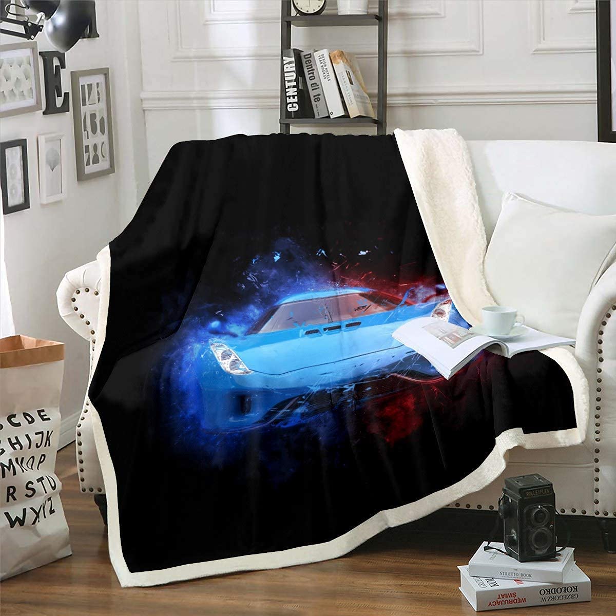 Loussiesd Race Sports Car Sherpa Blanket Extreme Sports Throw Blanket Kids Boys Men Cool Car Automobile Style Fleece Blanket for Chair Sofa Blue Warm Plush Blanket 40x50 Inch