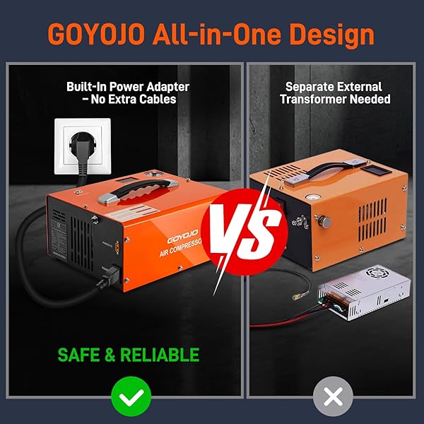 GOYOJO PCP AIR COMPRESSOR, MAX 4500 PSI / 300 BAR, FAST FILL FOR AIRGUNS OR PAINTBALL TANK, AUTO SHUT-OFF, DUAL POWER CAR 12V DC OR HOME 120V AC, BUILT-IN COOLING FAN, 300W PORTABLE PCP PUMP
