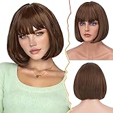 BARSDAR Short Brown Bob Wig With Bangs - Short Brown Bob with Bangs Wig for Women - 12 Inch Natural Looking Soft Synthetic Hair Replacement Wigs Velma Dora Wigs Daily Party Halloween
