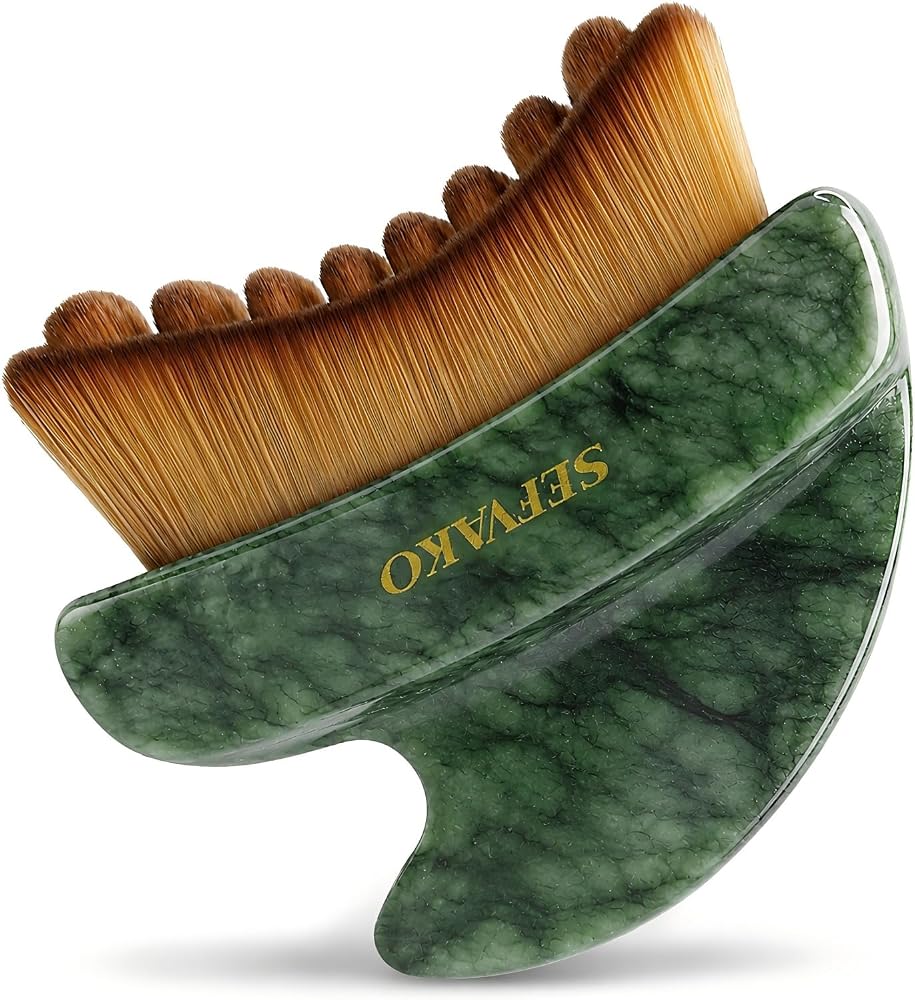 SEFVAKO Lymphatic Contour Face Brush, Dual-Ended Dry Brush + Cool-Touch Jade Gua Sha Edge, 0.075mm Ultra-Soft Bristles Gua Sh