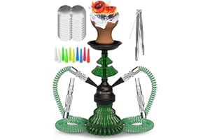 TRICASE Green Hookah Set 2 Hose Hookah – LilOne 12” Green Mini Hookah Combo Kit Shisha Hookah Set with Prepunched Foil Hookas Bowl Disposable Tips Mouthpiece Tongs Portable Hookah Pipe - Hookah Machines