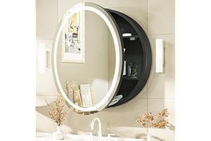 ZOOTING 28 Inch Round LED Mirror Cabinet, Black Medicine Cabinet with Light for Bathroom, Anti-Fog, 3-Colors, Dimmable, Surfa
