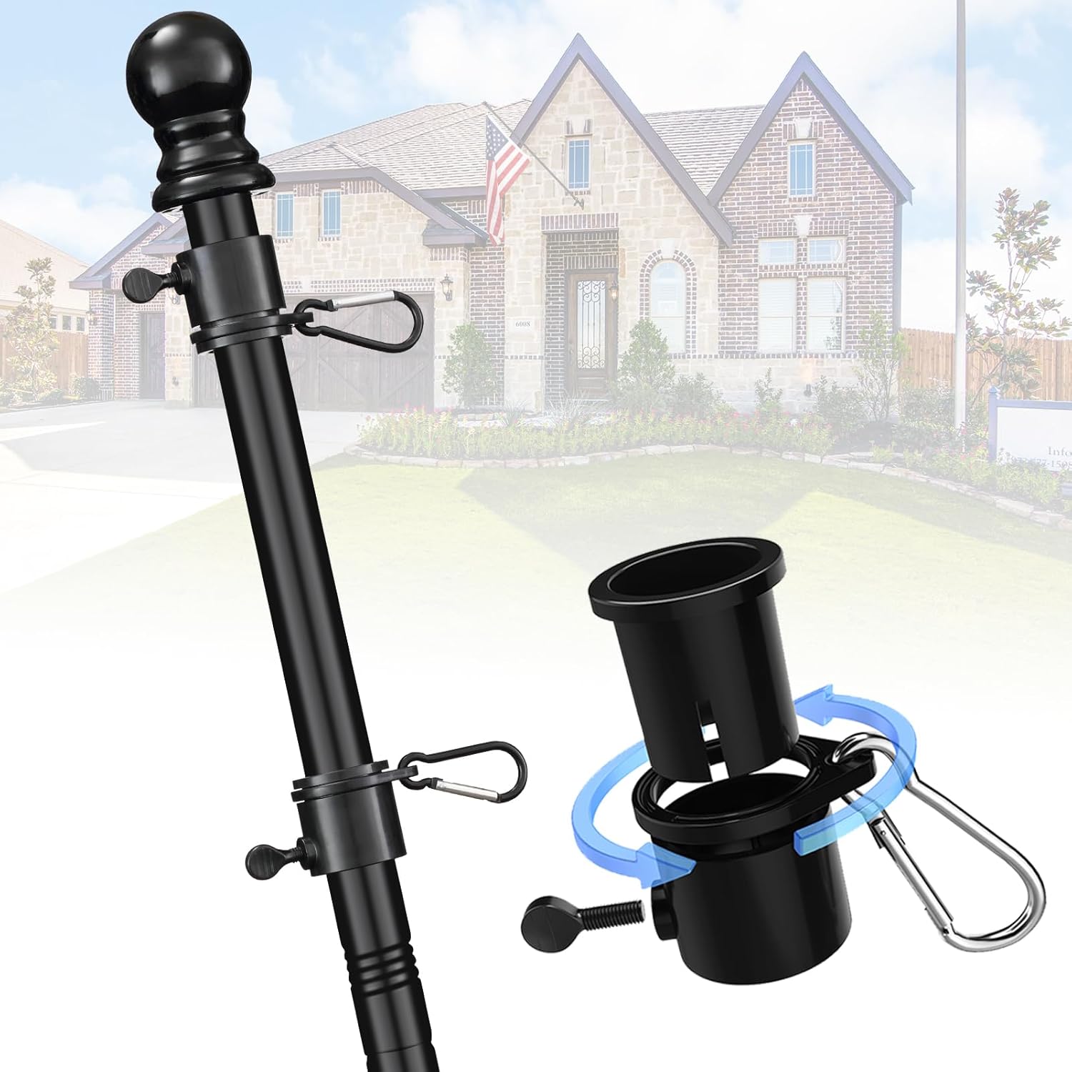 Flagpole Hardware - Flag Pole for Outside House - 5ft Tangle Free Flag Poles for 3x5 Flags Outdoor - High Wind Heavy Duty Flag Pole Kit Wall Mount for Porch Garage Truck Car Boat - Hand Held for Parade - Black