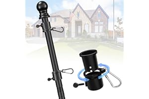 Pauilcurd House Flag Pole Kit - 6ft Tangle Free Heavy Duty Flagpole Outdoor, Decorative Metal Flag Poles for Porch Garage Truck Jeep, Wall Mount & Portable 3x5 Hand Held Flagpole - Black