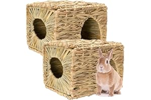 Auto-plaza Foldable Grass Woven Animal Hut Bunny House Play Hideaway Bed Mat Chew Toy for Rabbit Guinea Pigs Gerbils Hamster 