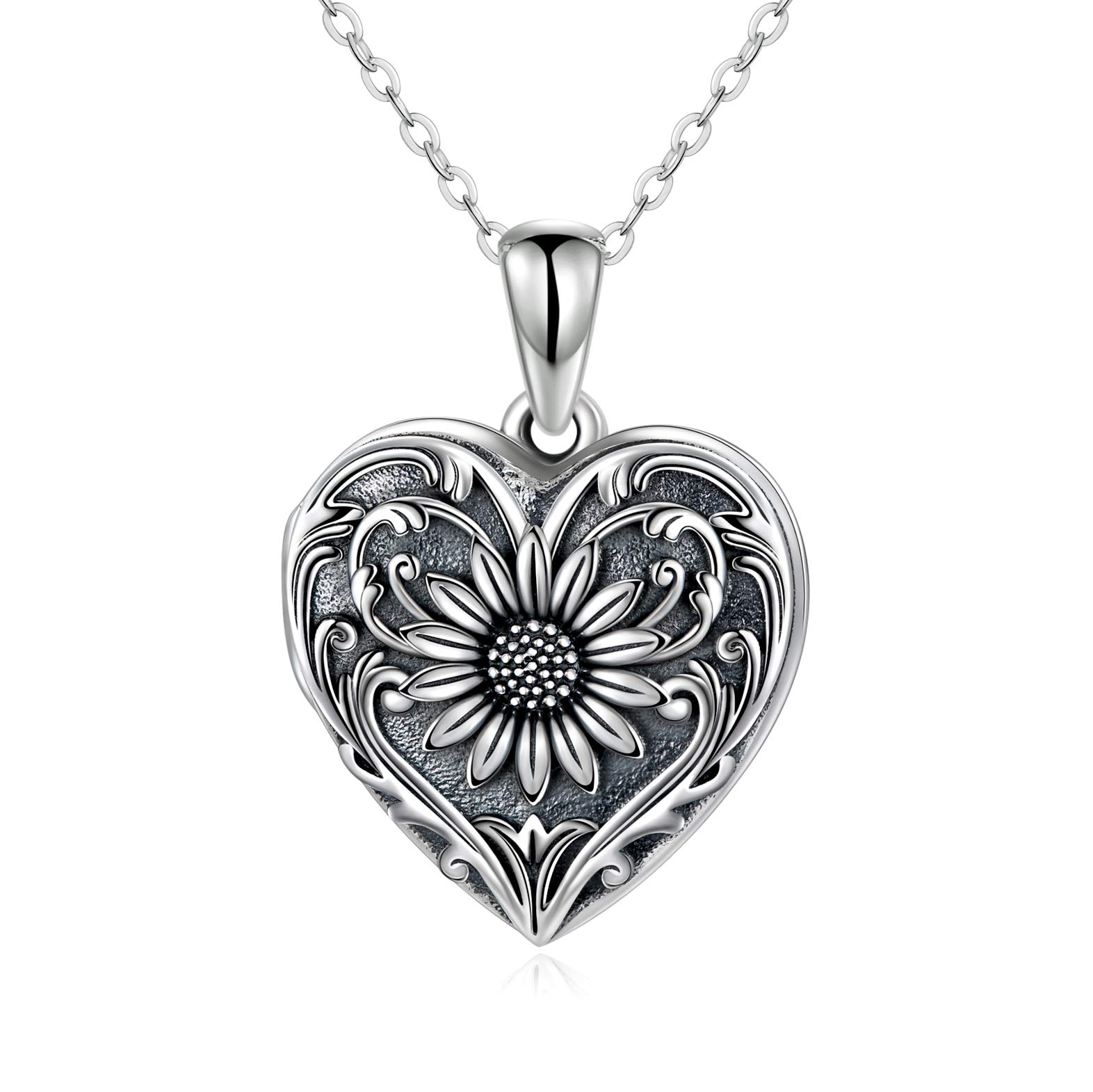 SOULMEET Personalized Sterling Silver Heart Shaped Locket Necklace That Holds 2 Pictures Memorial Photos Sunflower Pendant Necklace for Women Girls