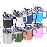 Volhoply 12oz Insulated Leakproof Coffee Mug with Flip & Straw Lid Bulk 8 Pack,Double Wall Vacuum Stainless Steel Travel Tumbler Cup with Handle,Reusable Camping Mugs Keep Cold(Assort color,8 Set)