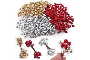 GXXMEI 300PCS Artificial Holly Berries, Mini 10 mm Fake Berries Decor on Wire for Christmas Tree Decorations Flower Wreath DIY Craft Use (Red+Gold+Silver)