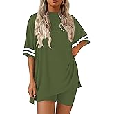Ekouaer Womens Pajamas 2 Piece Lounge Set Casual Oversized Short Sleeve Tops Biker Shorts Set Comfy Pjs Outfits S-XXL