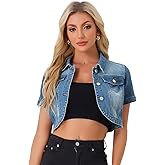 Allegra K Casual Denim Jacket for Women's Turndown Collar Short Sleeves Crop Jean Jackets