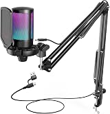 FIFINE USB Gaming Microphone Kit RGB Mute Boom Arm Shock Mount Pop Filter