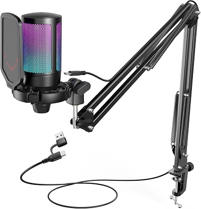 FIFINE USB Gaming Microphone Kit RGB Mute Boom Arm Shock Mount Pop Filter