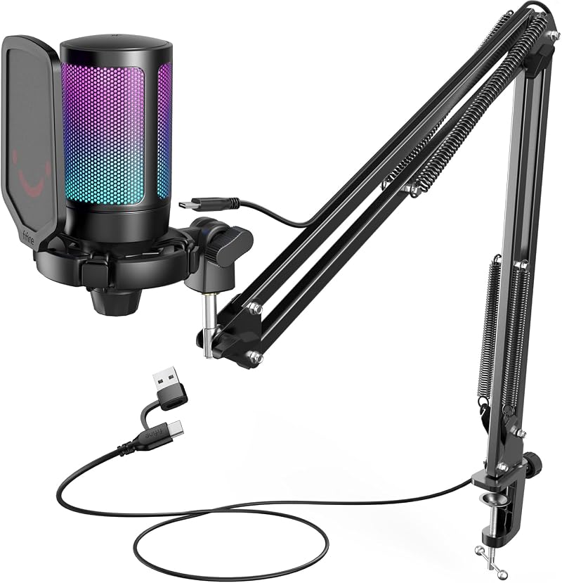 FIFINE USB Gaming Microphone Kit RGB Mute Boom Arm Shock Mount Pop Filter