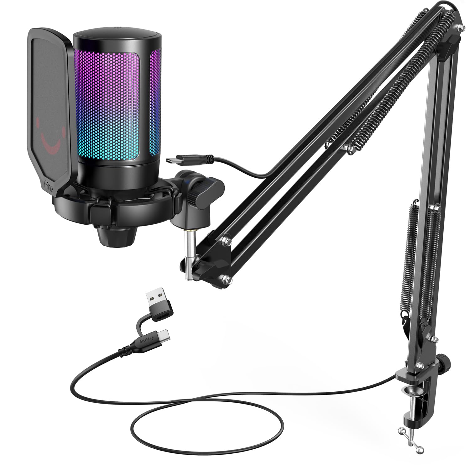 FIFINE USB Gaming Microphone Kit for PC PS5, Computer Condenser Microphone with RGB, Quick Mute, Gain Control, Boom Arm Stand, Shock Mount, Pop Filter for Streaming Discord Podcasts YouTube -A6T