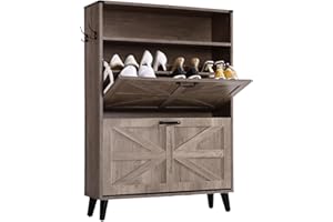 elifine Shoe Storage Cabinet with 2 Flip Drawers, Farmhouse Shoe Cabinet with Open Storage for Entryway, Freestanding Hidden Slim Narrow Shoe Rack Cabinet for Hallway, Closet, Living Room (Gray)