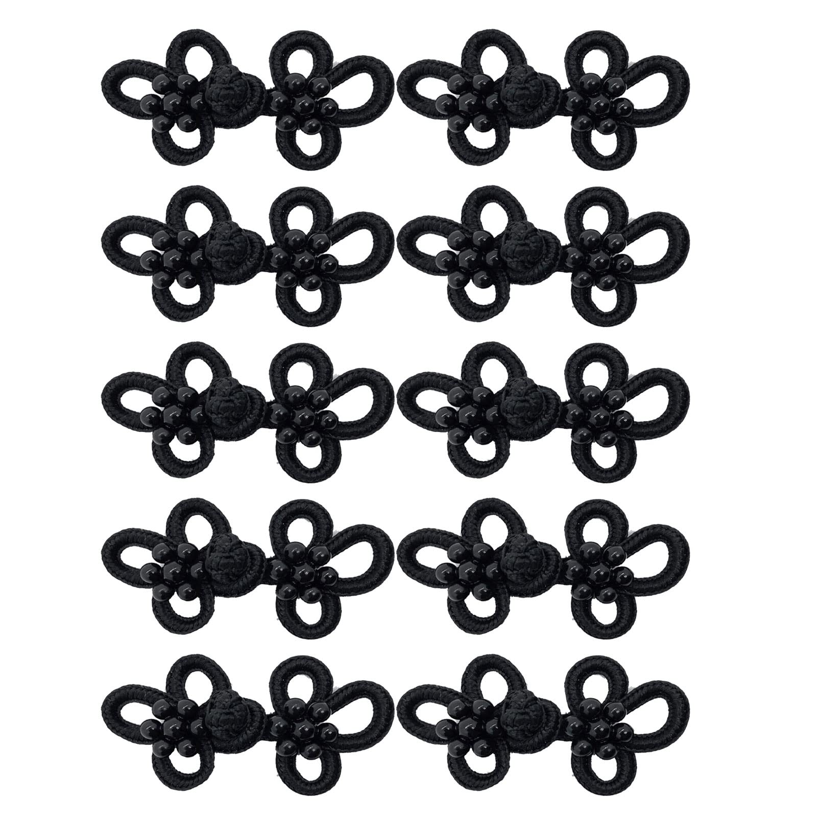 HRASY 10 Pair Chinese Knot Frog Buttons Closure with Plastic Beads Sewing Closures for Capes, Coats, Cardigans Costumes, Black(S3z)