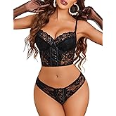 Avidlove Sexy Lingerie for Women 2 Piece Lace Bodydoll Lingerie Set with Underwired Bra and Panty Sets Black