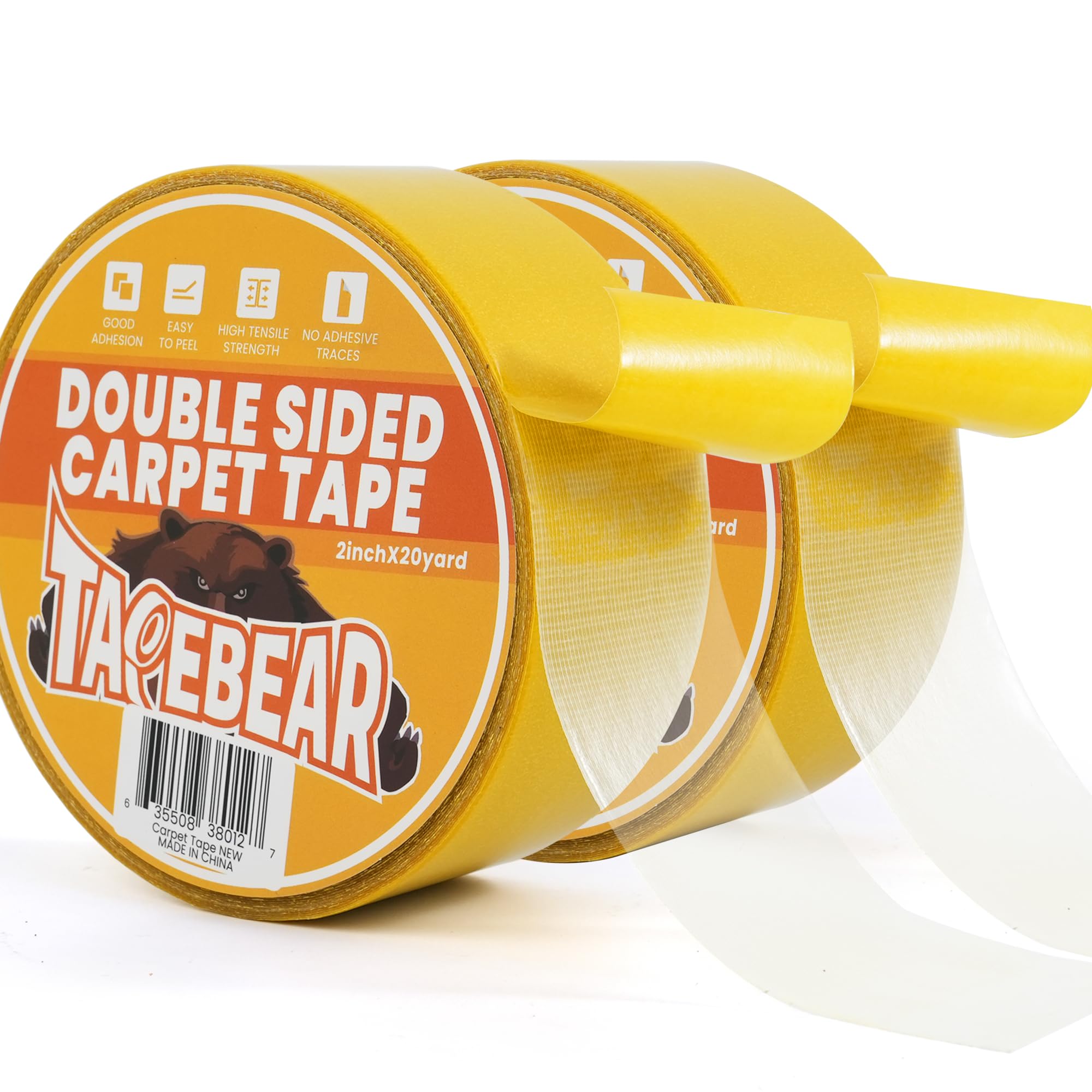 TAPEBEAR Heavy-Duty Double Side Carpet Tape 2Rolls x 50mm x 18m, Removable Carpet Tape for Area Rugs, Multipurpose Gripper Non Slip Tape for Wood Floor and Outdoor Rugs, Residue-Free, 2inch X 20yard