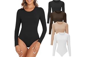 BVNSOZ Women's 4/5 Pack Round Neck Long Sleeve Bodysuit Casual Basic Stretchy Crew Neck Bodysuit Tops