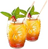 ECODECO Set of 2 Bar Tiki Glasses - Hawaiian Style Double Glass 16 Ounce Clear Tumblers - w/Jumbo Plant Fiber Straw