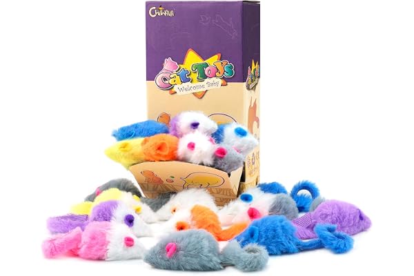 Chiwava 36PCS 1.8" Candy Color Furry Mice Cat Toy Rattle Mouse Kitten Interactive Toy Assorted Color