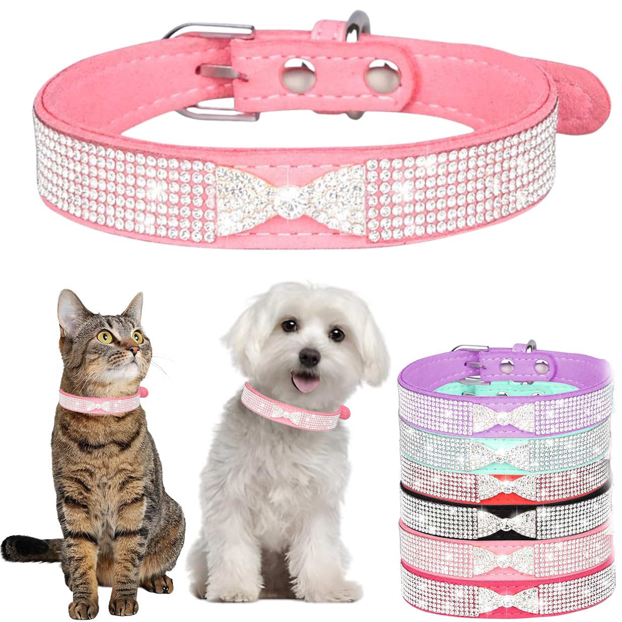 Rhinestone Dog Collar Bling Diamond Bowtie Crown Cat Collars Adjustable For Small Medium Large Pets, Kitten & Puppy Hot Pink M